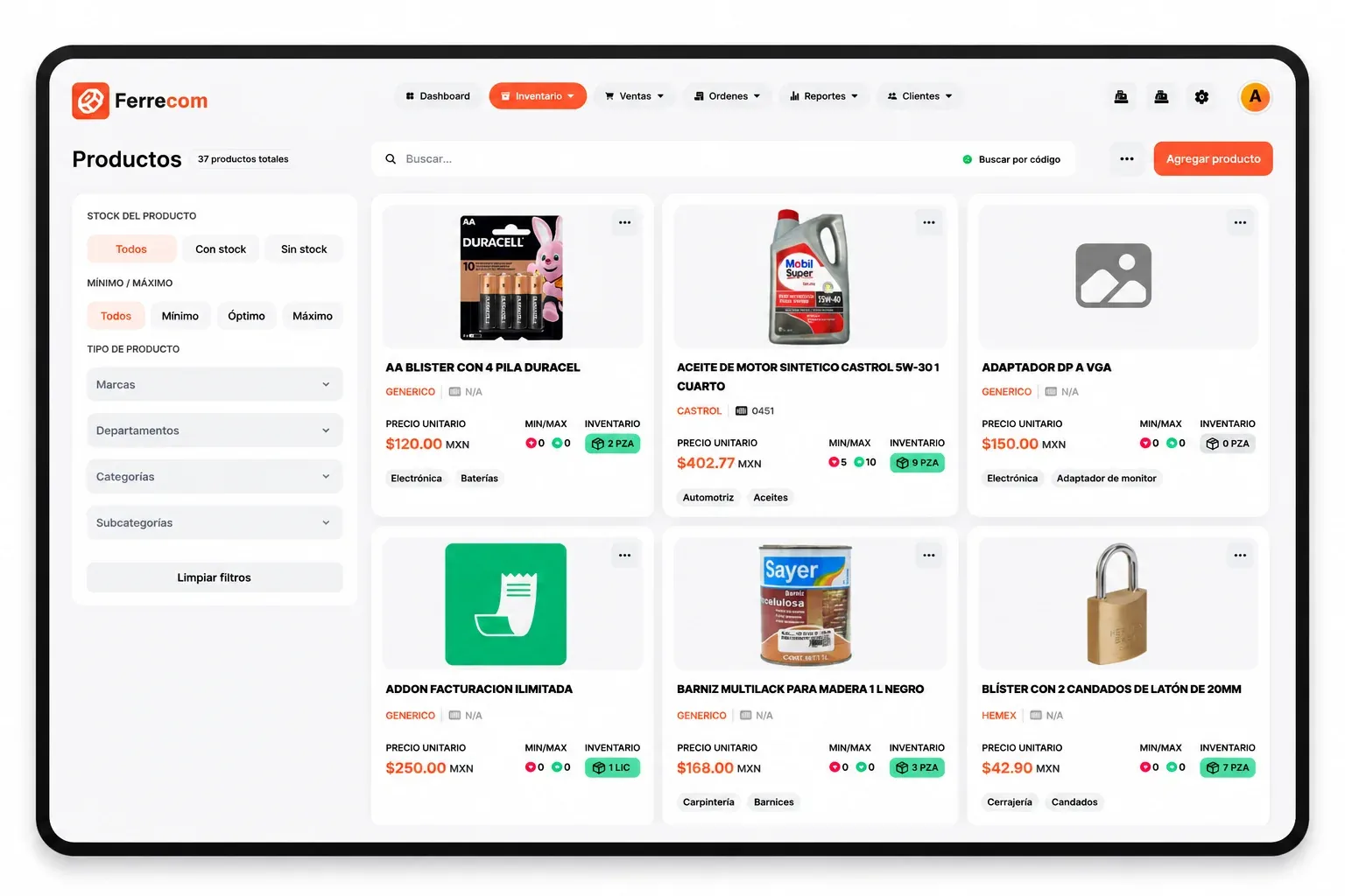 Control de inventario de Ferrecom en una tablet